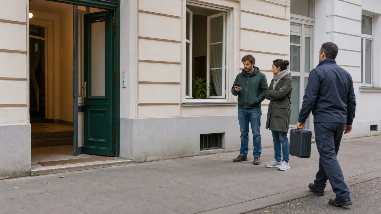 Bewohner stehen nach wahrgenommenem Gasgeruch im Freien vor einem Wiener Wohnhaus und telefonieren draußen mit dem Störungsdienst