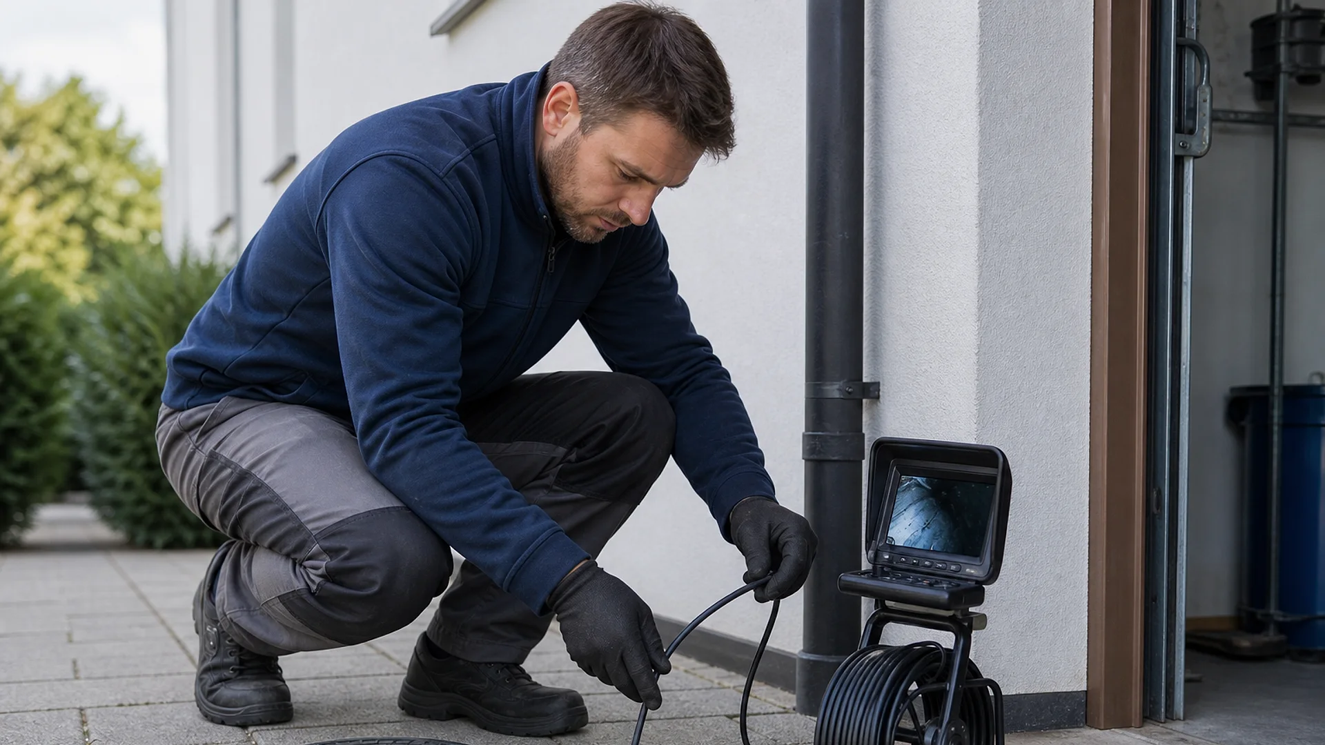 Servicetechniker in neutraler Arbeitskleidung kniet vor einem Haus und prüft eine Leitung mit einer Inspektionskamera; realistisches Einsatzfoto ohne Logos, ohne Text und ohne dramatische Darstellung