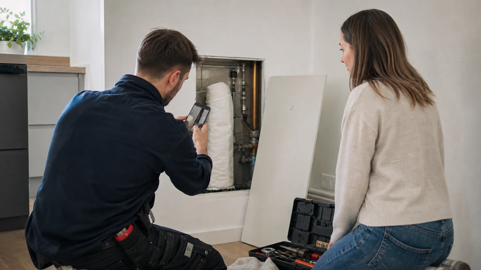 Hausbewohner und neutraler Servicetechniker dokumentieren nach einem Noteinsatz eine provisorisch gesicherte Stelle in einer Wohnung mit Smartphone, Absperrhinweis und Werkzeugkoffer, realistische Alltagsszene ohne Logos oder Text