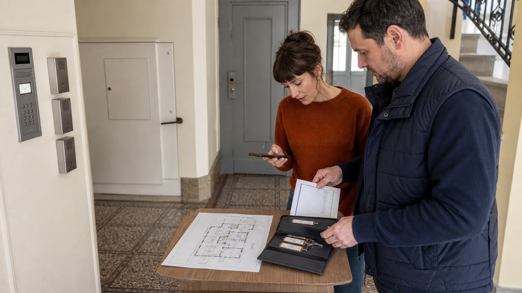 Bewohnerin und Hausbetreuer prüfen in einem Wiener Stiegenhaus eine Notfallkontaktmappe und Objektunterlagen